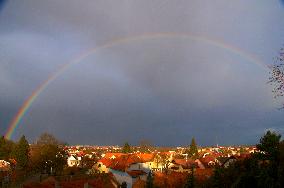 storm Ciara (Sabine), clouds, Moon, sky, Ceske Budejovice, rainbow