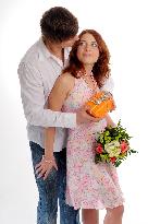 woman, man, couple, young, gift, flower, bouquet