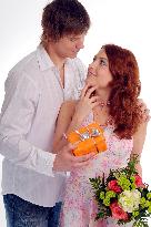 woman, man, couple, young, gift, flower, bouquet