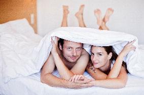 man, woman, couple, bed