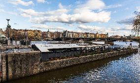 Detsky ostrov, water, restaurant, Jiraskuv most, bridge, Prague, city, town, building, river Vltava