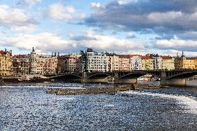 Dancing House (Ginger and Fred), bridge, Jiraskuv most, water, river Vltava, Prague, city, town, building