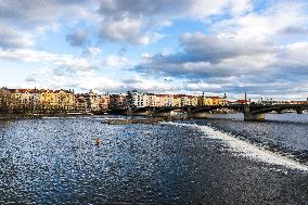 Dancing House (Ginger and Fred), bridge, Jiraskuv most, water, river Vltava, Prague, city, town, building