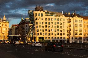 Dancing House (Ginger and Fred), bridge, Jiraskuv most, water, river Vltava, Prague, city, town, building