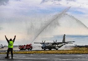 EADS CASA C-295, tactical military transport aircraft, water salute