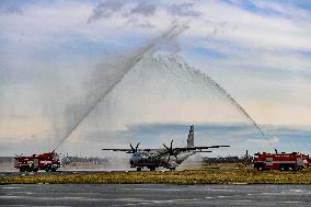 EADS CASA C-295, tactical military transport aircraft, water salute