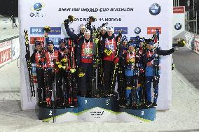 IBU WORLD CUP BIATHLON 2020, podium, menｴs relay, Norway, Ukraine, Sweden