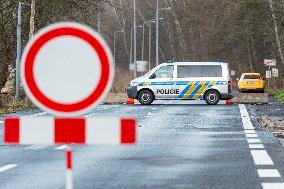 Czech police patrol watch at the closed border crossing Petrovice-Luckendorf