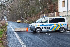 Czech police patrol watch at the closed border crossing Petrovice-Luckendorf