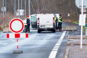 Czech police patrol watch at the closed border crossing Hrensko-Schmilka