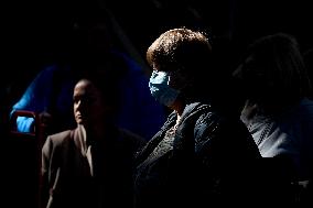 Vaclav Havel Airport Prague, woman, protective medical mask, coronavirus