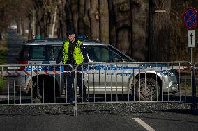 Polish police patrol watch at the closed border crossing Hradek nad Nisou-Porajow