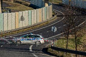 Polish police patrol watch at the closed border crossing Hradek nad Nisou-Porajow