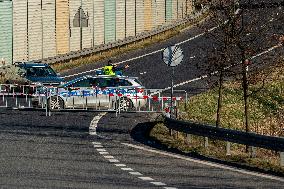 Polish police patrol watch at the closed border crossing Hradek nad Nisou-Porajow