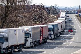 traffic jam of trucks at the Nachod-Kudowa Slone border crossing between Poland and the Czech Republic