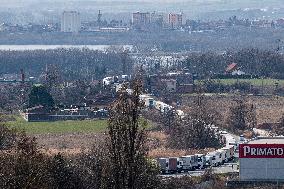 traffic jam of trucks at the Nachod-Kudowa Slone border crossing between Poland and the Czech Republic