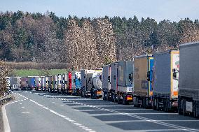 traffic jam of trucks at the Nachod-Kudowa Slone border crossing between Poland and the Czech Republic