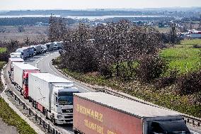 traffic jam of trucks at the Nachod-Kudowa Slone border crossing between Poland and the Czech Republic