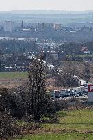 traffic jam of trucks at the Nachod-Kudowa Slone border crossing between Poland and the Czech Republic