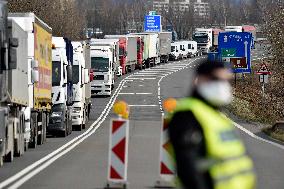 traffic jam of trucks at the Bohumin - Chalupki crossing between Poland and the Czech Republic