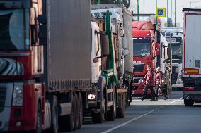 traffic jam of trucks at the Nachod-Kudowa Slone border crossing between Poland and the Czech Republic