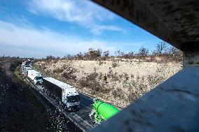 traffic jam of trucks at the Nachod-Kudowa Slone border crossing between Poland and the Czech Republic