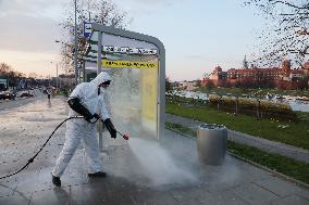 Public transport stops disinfection in Cracow.