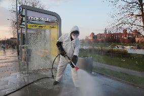 Public transport stops disinfection in Cracow.