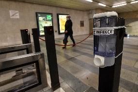 Mustek metro station, hand disinfection point