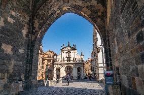 Old Town Bridge Tower, St. Salvator Church, Old Town, Empty center of Prague, historical center, Prague, city, without tourists, restricted movement of people, travel ban, prevention of infection, Coronavirus, Covid 19