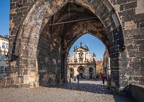 Old Town Bridge Tower, St. Salvator Church, Old Town, Empty center of Prague, historical center, Prague, city, without tourists, restricted movement of people, travel ban, prevention of infection, Coronavirus, Covid 19