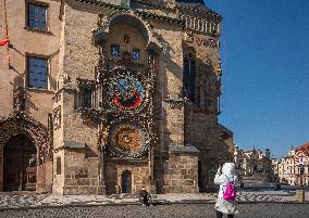 Old Town Square, Old Town Hall, Astronomical clock, Empty center of Prague, historical center, Prague, city, without tourists, restricted movement of people, travel ban, prevention of infection, Coronavirus, Covid 19