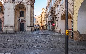Empty center of Prague, streets Krizovnicka, Karlova, historical center, Old Town, Prague, city, without tourists, restricted movement of people, travel ban, prevention of infection, Coronavirus, Covid 19