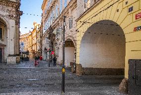 Empty center of Prague, streets Krizovnicka, Karlova, historical center, Old Town, Prague, city, without tourists, restricted movement of people, travel ban, prevention of infection, Coronavirus, Covid 19