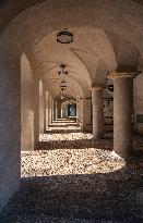 Arcades, Empty center of Prague, historical center, Prague, city, without tourists, restricted movement of people, travel ban, prevention of infection, Coronavirus, Covid 19