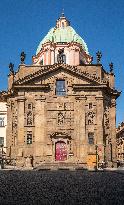 Church of St Francis Seraph, Empty center of Prague, historical center, Prague, city, without tourists, restricted movement of people, travel ban, prevention of infection, Coronavirus, Covid 19