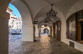 U Glaubicu restaurant, arcades, Empty center of Prague, historical center, Prague, city, without tourists, restricted movement of people, travel ban, prevention of infection, Coronavirus, Covid 19
