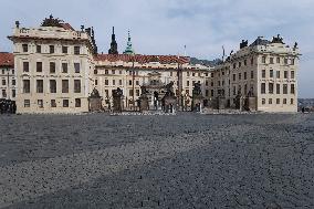 Hradcanske square, Prague Castle, without tourist, empty, state of emergency over coronavirus across Czech Republic