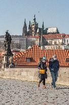 Charles Bridge, without tourists, face masks, pedestrians, veil, medical masks, Prague Castle