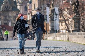 Charles Bridge, without tourists, face masks, pedestrians, veil, medical masks