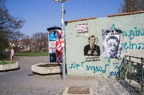 Kampa, Badiucao, WHO IS DR. LI WENLIANG poster, Vaclav Havel portrayed on a wall in Kampa Island with writing LIFE IS MYSTERY, HIS LIFE IS HISTORY