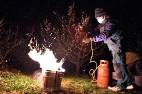 volunteer ignites fire in orchard to protect fruit trees against frost, tree, protection