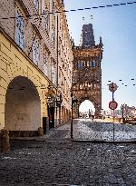 Old Town Bridge Tower, Empty center of Prague, historical center, Prague, city, without tourists, restricted movement of people, travel ban, prevention of infection, Coronavirus, Covid 19