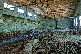 Chernobyl zone, restricted territory, Pripyat, devastated school gym