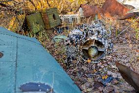 Chernobyl zone, restricted territory, Rasocha a radioactive cemetery of vehicles