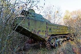 Chernobyl zone, restricted territory, Rasocha a radioactive cemetery of vehicles