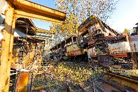 Chernobyl zone, restricted territory, Rasocha a radioactive cemetery of vehicles