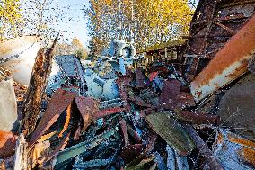 Chernobyl zone, restricted territory, Rasocha a radioactive cemetery of vehicles