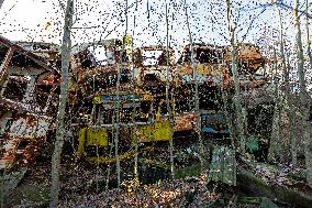 Chernobyl zone, restricted territory, Rasocha a radioactive cemetery of vehicles