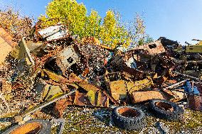 Chernobyl zone, restricted territory, Rasocha a radioactive cemetery of vehicles